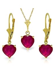 14K Gold Jewelry Set - Necklace and Earrings w/ Natural Heart-shaped Rubies