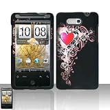 Black with Pink Red Vine Heart Rubberized Snap on Hard Skin Shell Protector Cover Case for Htc Aria + Microfiber Pouch Bag