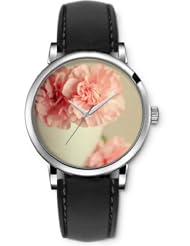SPRAWL Aanalog Fashion Series Silver Ladies Watches of Genuine Black Leather Strap,Unique Wrist Watch for Women Girls Designed with Pink flowers
