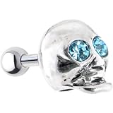 Sterling Silver 925 Aqua Cubic Zirconia Skull Cartilage Earring