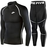 Mens Compression Base Layer Skin Long Sleeve Tights Top & Pants Black SET