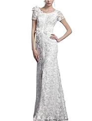 A-line Lace Beaded Mesh Scoop Neck Cocktail Floor Length Chiffon/Satin Short Sleeves Homecoming Dress/Pageant Dress/Prom Dress/Party Dress/Wedding Dress 