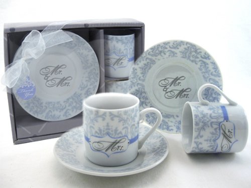Mr. and Mrs. Couples Espresso Cup Favor Set - Coffee Themed Wedding and Party Favor Keepsake Gift