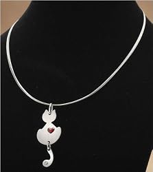J-Steel by Fyn Studios (TM) Stainless-Steel Cat Pendant Necklace with Red Heart Crystal 843332002393
