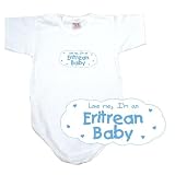 BABY BODYSUIT WHITE  LIGHT BLUE CLOUD LOVE ME , I'M ERITREAN  ERITREA 6 - 9 Months
