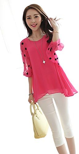 Dilian Women Chiffon Sheer Polka Dot Sleeve V-Neck Blouse Top Rose Red XL