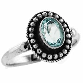 Sterling Silver Bali Bead Genuine Blue Topaz Stone Oval Ring by SilverSpeck.com