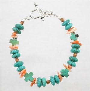 Southwestern Style Turquoise and Orange Spiny Oyster Beaded Bracelet with Turquoise Crosses and Sterling Silver Toggle, 8" Length, #9006