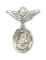 Sterling Silver Baby Badge with St. Edburga of Winchester Charm and Angel with Wings Badge Pin