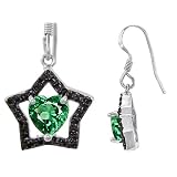 1.50 cttw 925 Sterling Silver 14K White Gold Plated Heart Shaped Created Emerald Black Star Hanging...