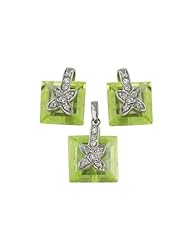 Sterling Silver Earrings and Pendant Set Square Light Peridot Chess Cut Cubic Zirconia Stone with Pave Cross on Top
