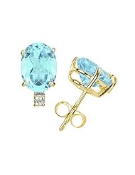 10X8mm Oval Aquamarine and Diamond Stud Earrings in 14K Yellow Gold