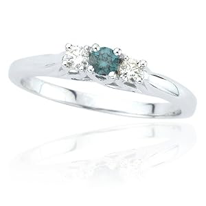 10k White Gold Blue and White Diamond 3-Stone Ring (.12 ct center, 1/4 cttw)