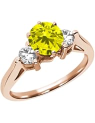 0.65 Ct Round Natural Canary Diamond 18K Rose Gold 3-Stone Ring