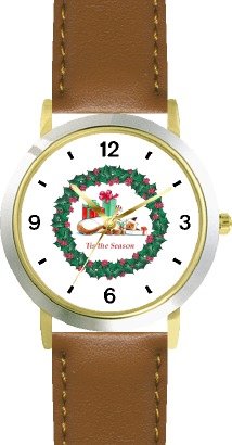 Siamese Cat Under Christmas Tree with Presents or Gifts in Christmas Wreath - JP - WATCHBUDDY® DELUXE TWO-TONE THEME WATCH - Arabic Numbers - Brown Leather Strap-Size-Children's Size-Small ( Boy's Size & Girl's Size )