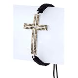 Unisex Pull String Sizable Side Cross Bracelet with Two Tone Cross - One size fits most