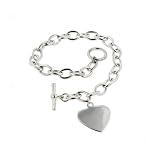 Heavy Sterling Silver Plated Rolo Heart Charm Toggle Bracelet - 7