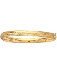 7" 10K Yellow Gold Polished Textured High Domed w/ Vine Butterfly Pattern Bangle w/ Side Clasp