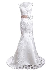 Lace Applique Belted Open-Back 2014 Satin Mermaid Wedding Dress  with a Chapel Train 