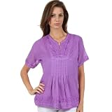 Sakkas Pleated Floral Embroidered Short Sleeve Semi-Sheer Gauzy Cotton Top / Blouse
