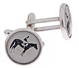 Silver plated cufflinks with a black and white image of a horse and jockey horse racing image with presentation box. Made in the U.S.A