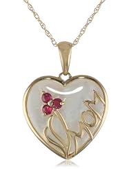 XPY 14k Yellow Gold Ruby and Mother-of-Pearl Heart Flower Pendant, 18"