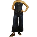 Womens Baby Phat Manhattan wash denim jumpsuit strapless gaucho halter dress. 100% authentic urban brand name tube top plus jeans set featuring exposed shoulders, front button closure top with wide legs flare out cut bottom. Metal brand badge affixed on back and onset cat embroidered on the back pocket. Great designer dress presented by KLS Kimora Lee Simmons.
