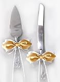Gold Satin Bow Ivory Ribbon Cake Knife and Server Set for Wedding or Ceremony