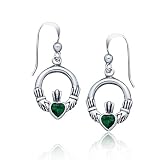 Valentines Day Bling Jewelry Celtic Sterling Silver Emerald Green Color Claddagh Heart Earrings