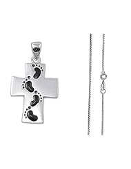 925 Sterling Silver Footprint Cross Pendant and Necklace Set - Comes with Free Sterling Silver Italian Chain