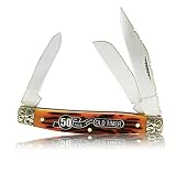 Schrade 34OTBRT 50Th Anniversary Old Timer Three-Blade Folding Pocket Knife, With Red Pick-Bone Side Inserts And Collector's Tin.