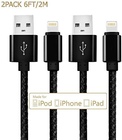 Lightning Cable, [2-Pack] 6ft/2m USB Cable Nylon Braided High Speed Data Sync Charger cord with Aluminum heads for Apple iPhone 6/6s/5/5s/5c Plus iPad iPod iPad Air Mini (Black)