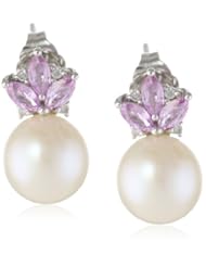 10k White Gold Sapphire, Freshwater Cultured Pearl and Diamond Earrings (0.04 cttw GH, Color, I2-I3 Clarity)