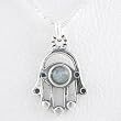 Hamsa Hand Pendant with Rainbow Moonstone Gemstone in Sterling Silver on a 16" Sterling Box Chain, #8376