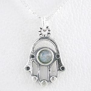 Hamsa Hand Pendant with Rainbow Moonstone Gemstone in Sterling Silver on a 16" Sterling Box Chain, #8376