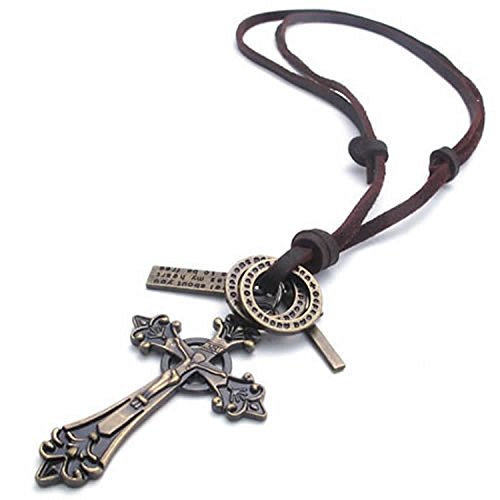 CASOTY Retro Cross Pendant Necklace Leather Cord Stainless Steel Vintage Necklace