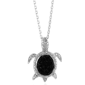 Sterling Silver & Treated Black Diamond Turtle Pendant with 18" Chain