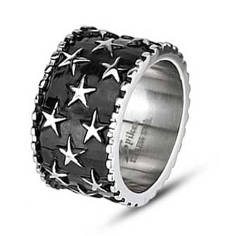 13.5MM Polished Stainless Steel Biker Ring with Multi Stars on Black Plated Center and Geared Edges