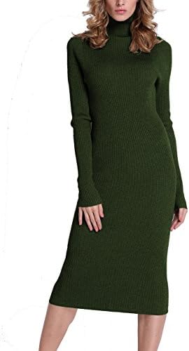 Women's Turtleneck Ribbed Elbow Long Sleeve Knit Sweater Dress