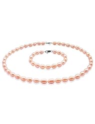 18k Gold Over Sterling Silver Cultured Pink Freshwater Pearl High Luster 7-8mm Necklace and Bracelet Set, AAA Quality, Include Gift Pouch.