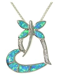 Sterling Silver Created Blue Opal and Clear Cubic Zirconia Dragonfly Heart Pendant with 18 Inch Box Chain Necklace