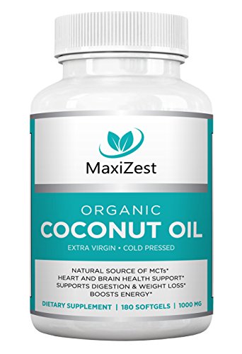 Extra Virgin Organic Coconut Oil Capsules 1000mg - Enhances Skin Hair & Nails - Supports Heart & Brain Health, Digestion & Healthy Weight Loss - Boosts Energy - Natural Source of MCTs - 180 Softgels