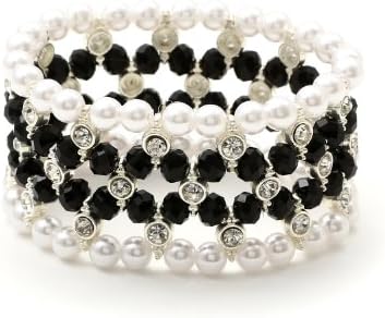 Silver 6mm 2 Rows White Pearl & 2 Rows Jet Bead Stretch Bracelet Linked By Crystal