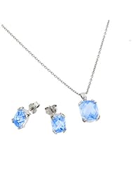 Rhodium Plated 925 Sterling Silver Prong Set December Birthstone Blue Topaz Faceted Cubic Zirconia CZ Earring and Necklace Set