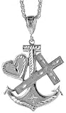 Sterling Silver 2 3/16 (55 mm) Diamond Cut Anchor Pendant with Cross and Heart