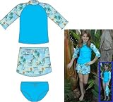 Tropical Breeze, UPF 50+, UV Protective 3 Piece Swimwear: 3/4 sleeve sunshirt (aka rashguard), matching bikini bottom, and detachable skirt