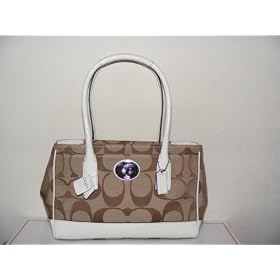 Coach Handbag - Hamptons Signature Madeline Medium Khaki White Patent Leather Silver Satchel Tote Bag 13571