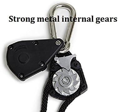 Improved with internal metal gears and aluminum crimp sleeve instead of knots. 1/8" rope ratchet rope for hydroponic indoor grow lights. 2 supports 150 pounds