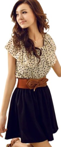 【ノーブランド品】 ドット柄 バックリボン シフォン 半袖 チュニック ワンピース ブラック