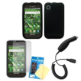 Black Silicone Case / Skin / Cover, LCD Screen Guard / Protector & Car Charger for Samsung Vibrant SGH-T959